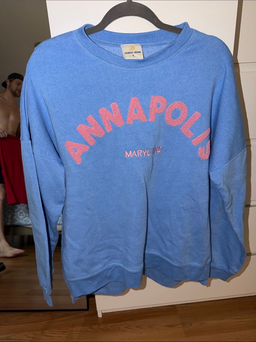 Ocean Drive Light Blue Crewneck with Pink Annapolis Script